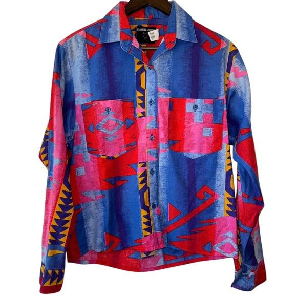 frontier Tops - Vintage Frontier Series 90s Blue Pink Aztec Western Cowgirl Button Shirt Sz S